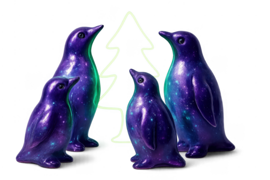 Galaxy penguins figurine standing around neon light christmas tree - Powered by Adobe