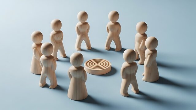 Wooden figures circle around a target, concept of teamwork and focus.