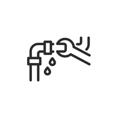 A simple black-and-white icon featuring a leaking pipe and wrench, symbolizing plumbing repair, maintenance,  emergency fixes. Ideal for service logos, instructional graphics, technical illustration.