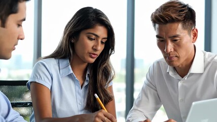 Three diverse business professional people in office meeting discussing work project with laptop and pencil - Powered by Adobe
