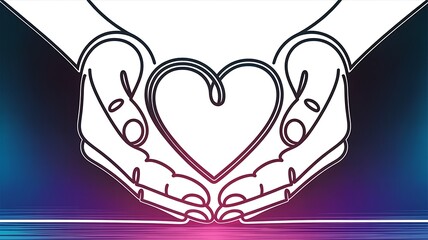 Two hands gently hold a heart outline against vibrant gradient background, showcasing love and support
