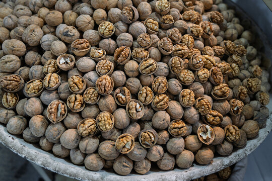 Top view of wallnuts on the bazaar of Shiraz