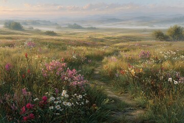Colorful Flower Meadow Path at Sunrise