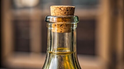 Close up of a glass bottle with a cork stopper and a hint of liquid inside