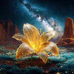 Golden Lily In Desert Landscape Under Starry Night
