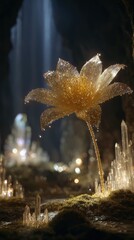 Glowing Crystal Flower In Illuminated Cave