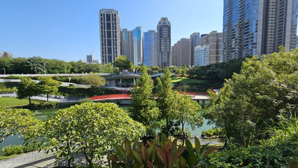 Fototapeta premium November 29, 2024. Taichung City, Taiwan.The beautiful nature green trees, flowers, soft sunlight, the architectural design of Maple Garden Park. spring and summer grass relax picnic