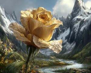 Golden Rose In Snowy Mountain Landscape