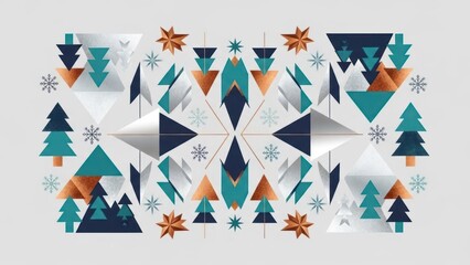 A geometric pattern featuring blue, green, and silver triangles, stars, and snowflakes on a white background.
