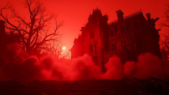 A spooky, gothic mansion silhouetted against a blood-red sky, with eerie bare trees and red mist or fog around the base of the house, dramatic lighting, horror aesthetic, highly detailed, cinematic