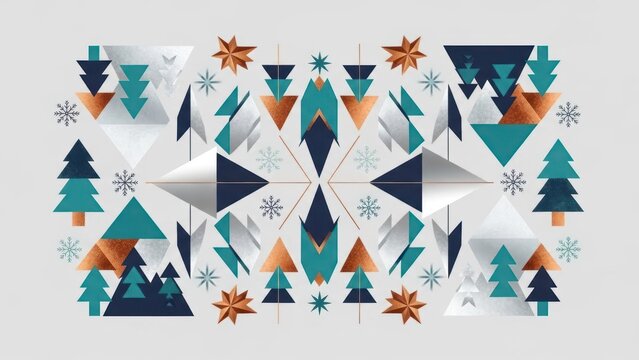 A geometric pattern featuring blue, green, and silver triangles, stars, and snowflakes on a white background. - Powered by Adobe