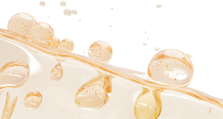 3d oil texture forms bubbles, liquid yellow background with smooth wavy surface, floating golden drops of serum, collagen gel, hyaluronic acid or vitamin essence, cosmetic skin care