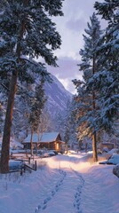 Snowy Winter Forest Path With Illuminated Cabin