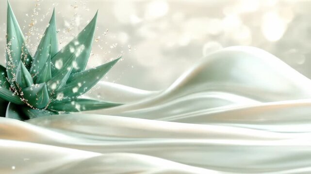 Teal agave with water droplets on smooth, creamy satin fabric