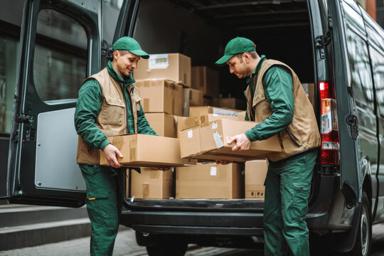 A shipping company with male movers unloading boxes from a car