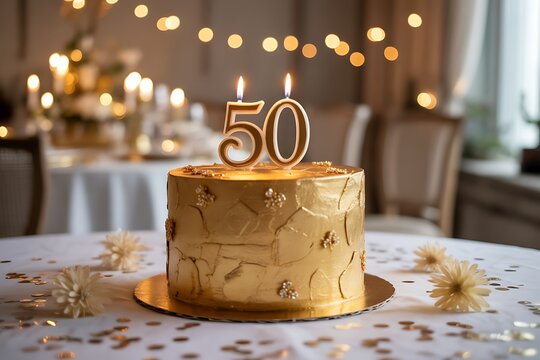 Golden 50th birthday cake with lit candles on table - Powered by Adobe