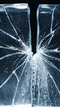 Extreme slow motion cinematic close up of a large block of clear ice fracturing with spiderweb cracks spreading rapidly across the surface calm, science, nature
