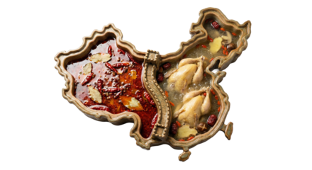PNG cut out isolated background. A conceptual top-down view of a ceramic hot pot bowl shaped like the map of China, featuring a divider modeled after the Great Wall.