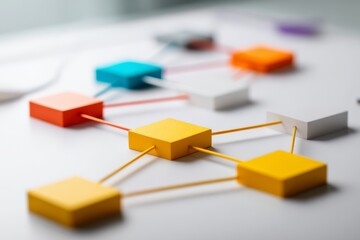 Colorful geometric decision tree made from raised tiles arranged neatly on a white desk.
