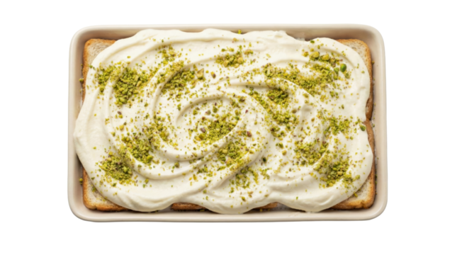 PNG cut out isolated background. An overhead studio shot of a rectangular dish filled with Aish El-Saraya, a traditional Middle Eastern dessert.