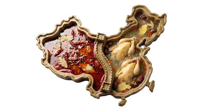 PNG cut out isolated background. A conceptual top-down view of a ceramic hot pot bowl shaped like the map of China, featuring a divider modeled after the Great Wall. - Powered by Adobe