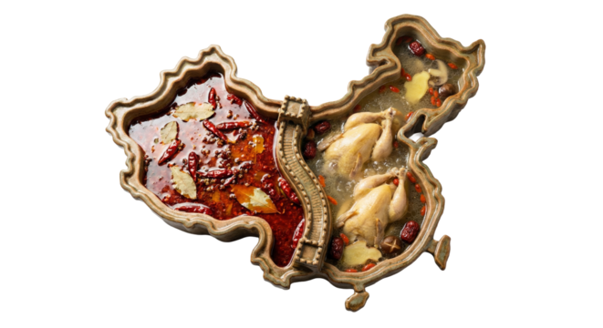 PNG cut out isolated background. A conceptual top-down view of a ceramic hot pot bowl shaped like the map of China, featuring a divider modeled after the Great Wall.