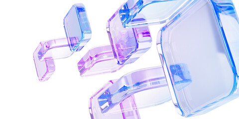 Obraz na płótnie Canvas 3d pastel light background with abstract glass block pattern. Crystal glossy square or rectangle shapes with pink blue hologram gradient, motion effect. Futuristic digital tech banner