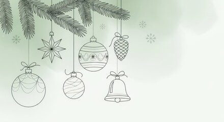 Christmas tree branches with hanging ornaments and a bell on a green background.
