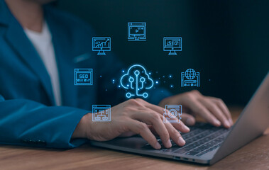 Digital business professional leveraging Cloud technology, SEO, and global network connections via laptop. Data security, strategic marketing, and analysis drive growth and innovation in computing.