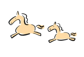 仲良く走る2頭の馬の親子　和風の筆書き　正月素材