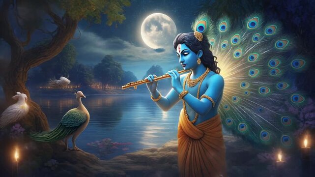 Young Krishna standing beside the lake on moon view
