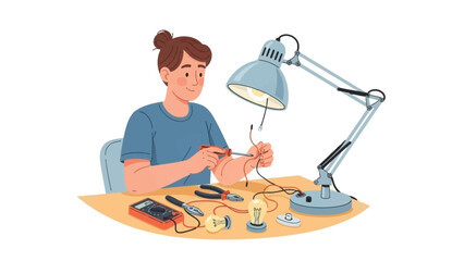 Dedicated Student or Hobbyist Expertly Soldering Electrical Wires and Components for Circuit Assembly and Electronics Project
