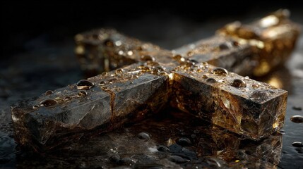 A dark crystalline cross covered in water droplets on a wet surface. Close-up of a religious symbol. Concept of faith and spirituality