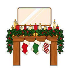 Festive Christmas Fireplace Mantel with Hanging Stockings, Lit Candles, and Holly Garland Illustration