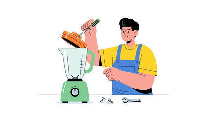 Man repairing blender appliance at home with tool for home maintenance