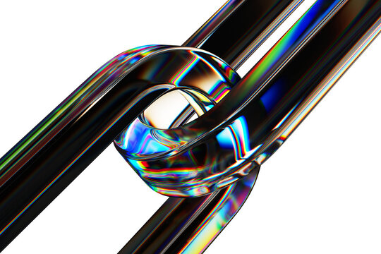 Black 3d background with glass chromatic chain links. Abstract crystal connect rings with rainbow caustic effect, neon gradient light texture. Blockchain hyperlink, digital tech bg