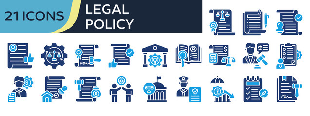 Collection of Legal Policy icons, related to Regulatory Compliance, Summary, Obligation, Permit, Civil Rights and more. Solid icons vector illustation.