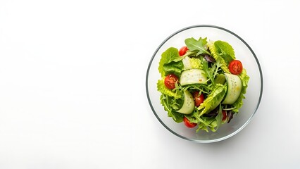 Fresh green garden salad with cucumber slices and cherry tomatoes in glass bowl.