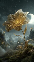 Golden Glowing Flower In Magical Night Landscape