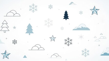A winter-themed background with snowflakes, trees, and stars.