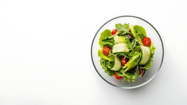Fresh green garden salad with cucumber slices and cherry tomatoes in glass bowl.