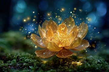 Golden Glowing Lotus Flower In Forest