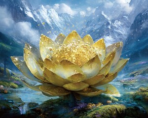 Golden Lotus Flower In Mountain Landscape