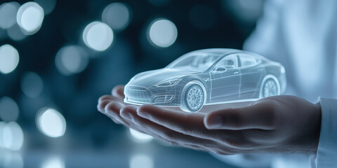 Futuristic Holographic Car Model Held by Businessman for Innovative Technology Concept