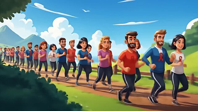 A diverse group of people running together on a scenic outdoor path.