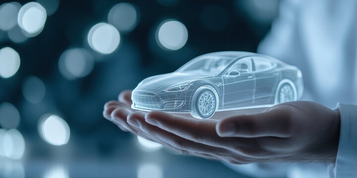 Futuristic Holographic Car Model Held by Businessman for Innovative Technology Concept