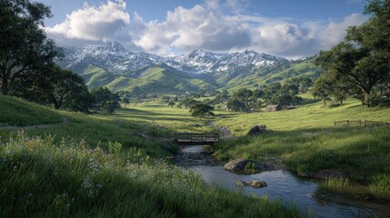 Scenic Valley With Mountains And Stream