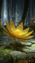 Glowing Golden Lotus Flower In Dark Forest