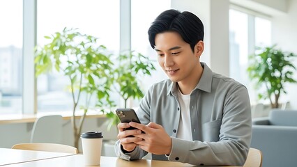 Young Asian man smiling while using smartphone in a bright modern office with plants.