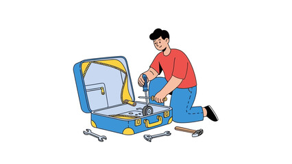 Man repairing open suitcase with tools, illustration representing travel or logistics